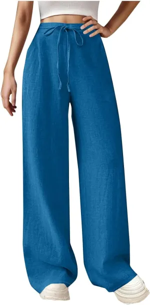 Womens Cotton Linen Wide Leg Pants Elastic High Waist Tie Knot Beach Casual Trousers Lightweight Straight Leg Pant