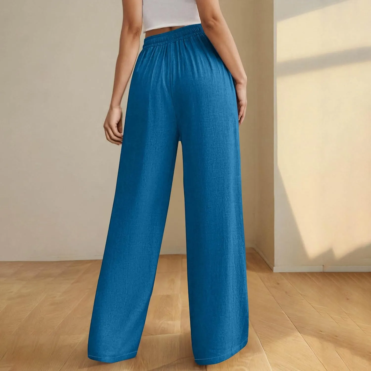 Womens Cotton Linen Wide Leg Pants Elastic High Waist Tie Knot Beach Casual Trousers Lightweight Straight Leg Pant