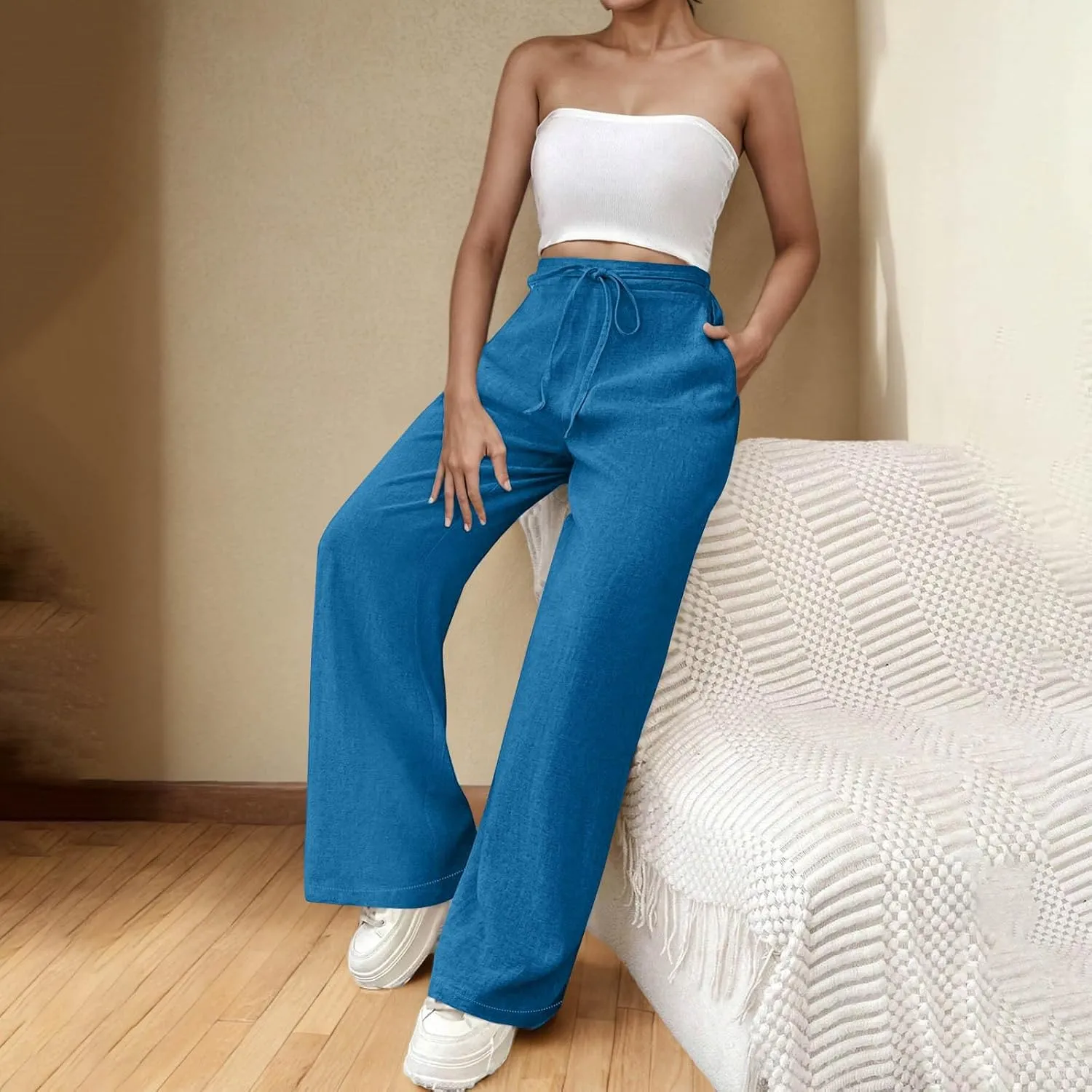 Womens Cotton Linen Wide Leg Pants Elastic High Waist Tie Knot Beach Casual Trousers Lightweight Straight Leg Pant