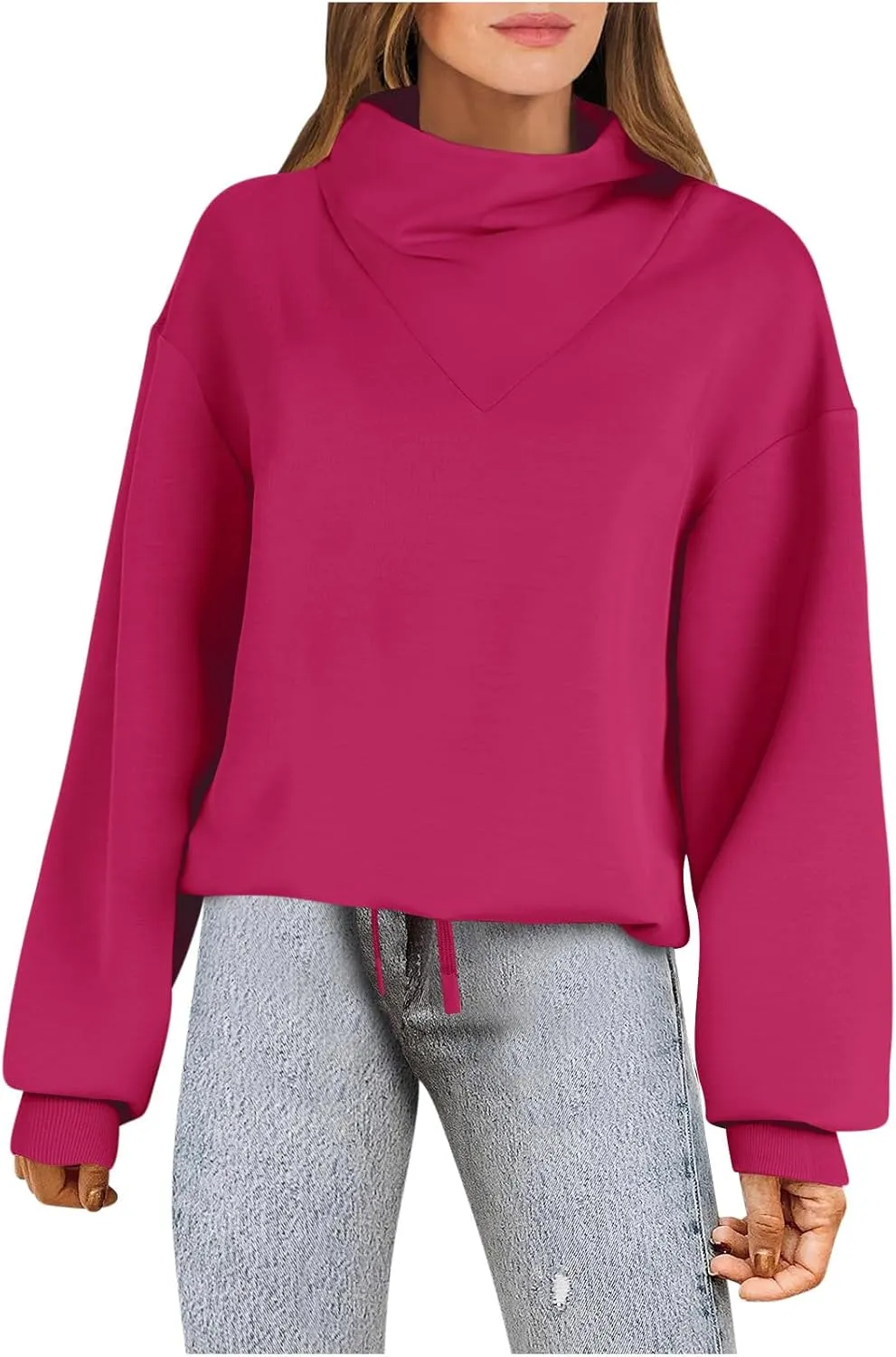 Womens Cowl Neck Sweatshirt Long Sleeve Y2K Hoodies Solid Color Loose Ual Pullover Tops 2024 Fall Winter Clothes