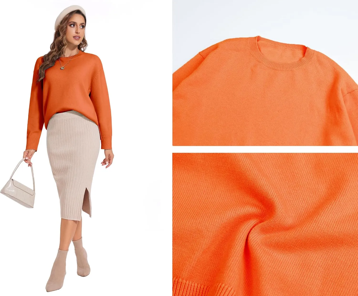 Women's Crewneck Long Sleeve Sweaters 2024 Fall Winter Loose Casual Ribbed Knit Side Slit Pullover Tops