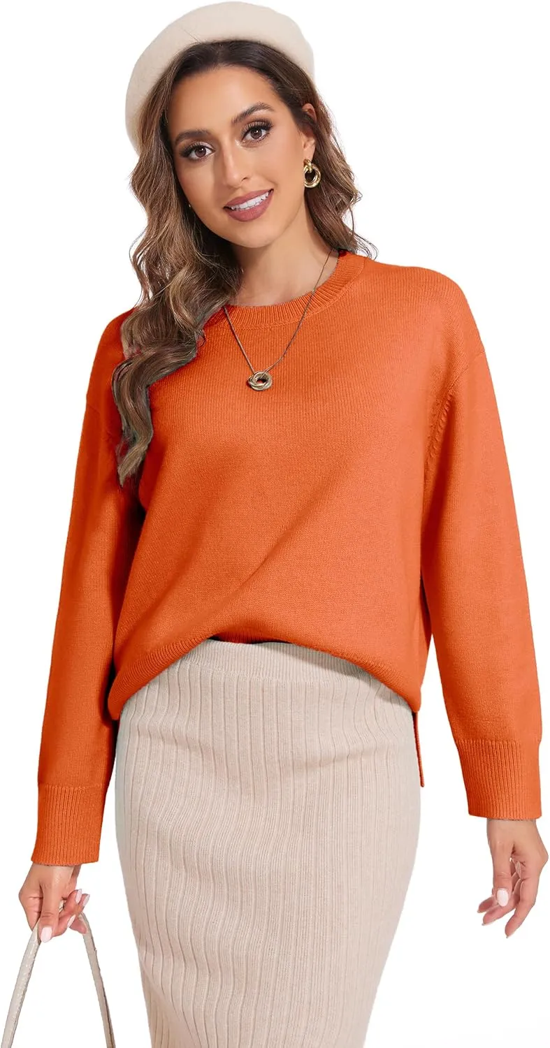 Women's Crewneck Long Sleeve Sweaters 2024 Fall Winter Loose Casual Ribbed Knit Side Slit Pullover Tops