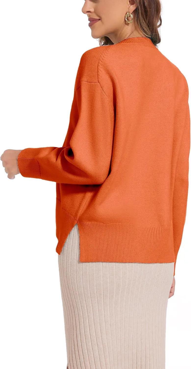 Women's Crewneck Long Sleeve Sweaters 2024 Fall Winter Loose Casual Ribbed Knit Side Slit Pullover Tops