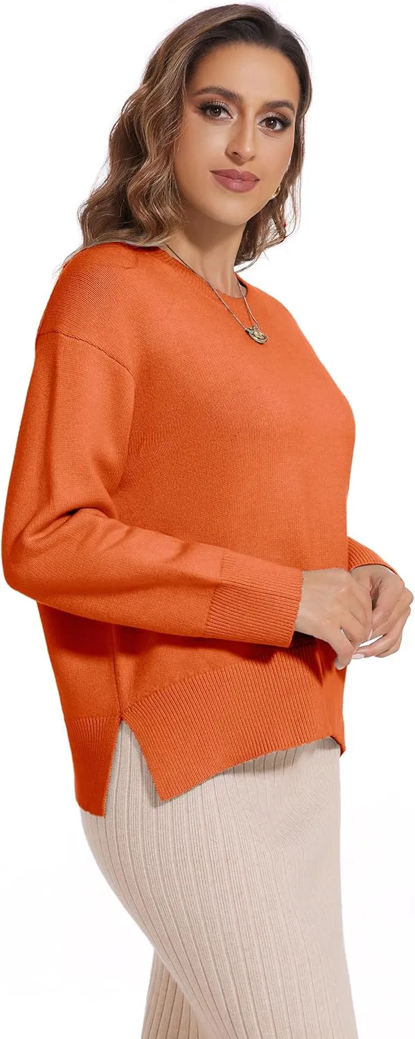 Women's Crewneck Long Sleeve Sweaters 2024 Fall Winter Loose Casual Ribbed Knit Side Slit Pullover Tops