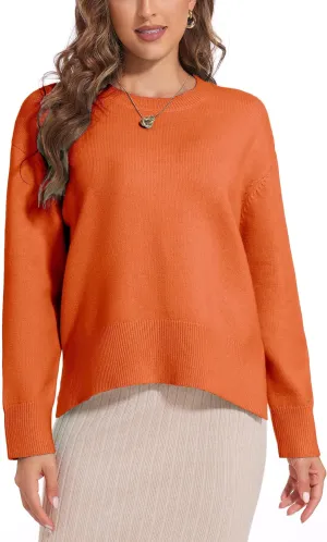 Women's Crewneck Long Sleeve Sweaters 2024 Fall Winter Loose Casual Ribbed Knit Side Slit Pullover Tops