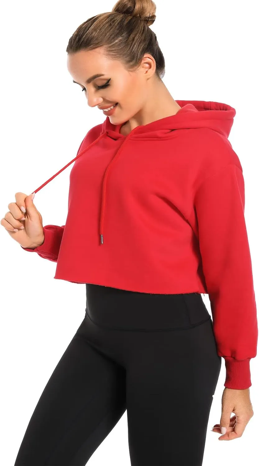 Women's Cropped Hoodie Fleece Long Sleeve Pullover Cut Off Hood Sweatshirt