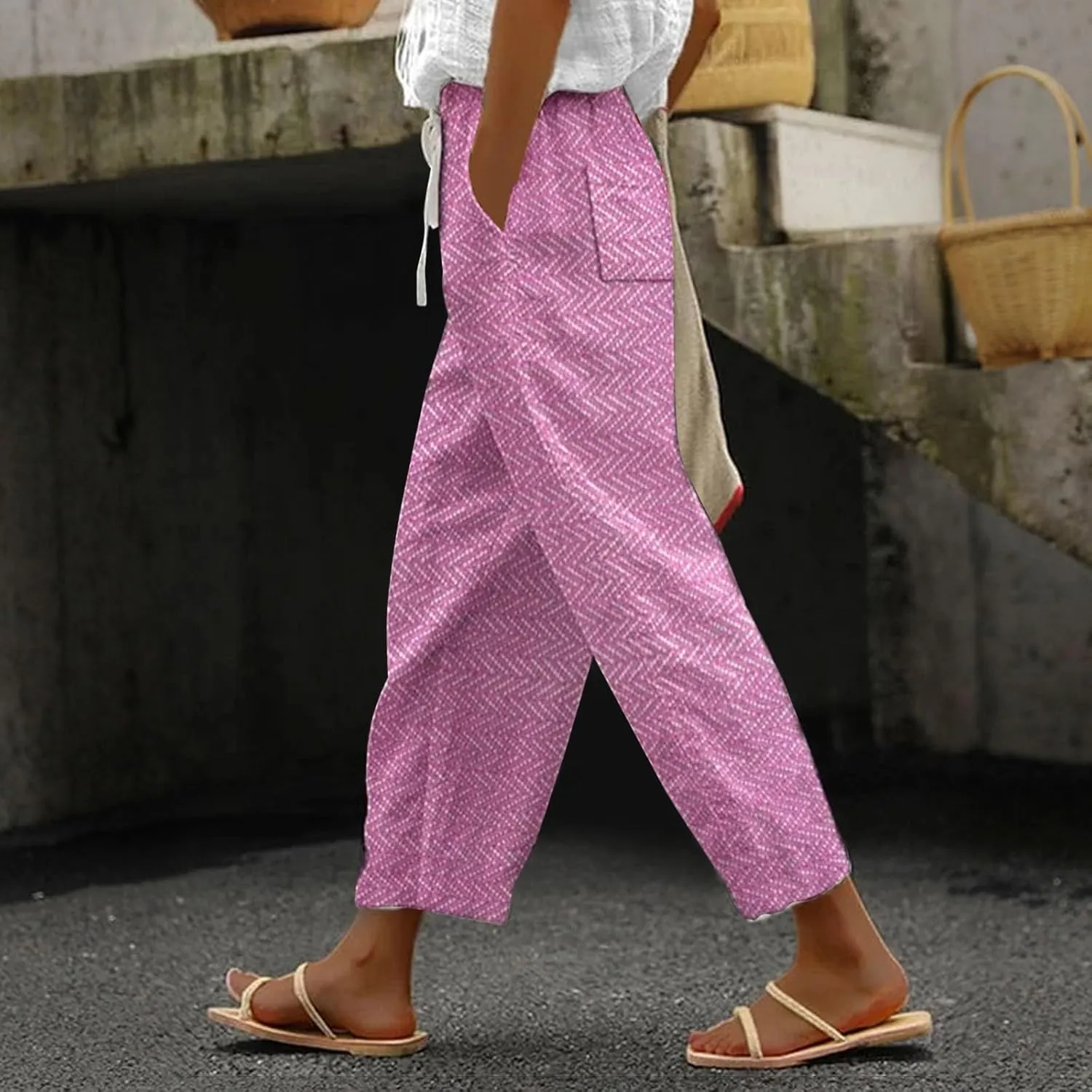 Women's Cropped Linen Capris with Pockets, Adjustable Waist Wide-Leg Trousers Beach Vacations Casual Outdoor