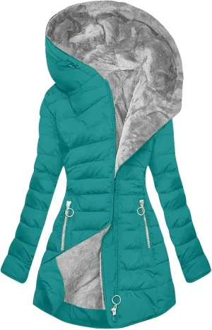 Women's Down Jacket Fleece Lined Zip Up Fur Hooded Coat Waterproof Thick Quilted Jacket Oversize Warm Trench Coat