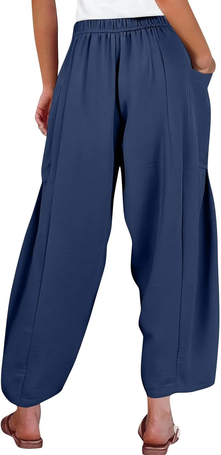 Womens Dress Pants Wide Leg High Waisted Drawstring Beach Pants Long Summer Loose Casual Flowy Palazzo Harem Trousers