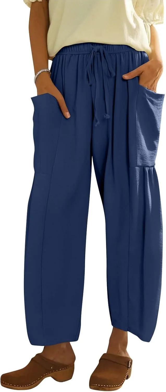 Womens Dress Pants Wide Leg High Waisted Drawstring Beach Pants Long Summer Loose Casual Flowy Palazzo Harem Trousers