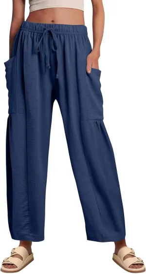 Womens Dress Pants Wide Leg High Waisted Drawstring Beach Pants Long Summer Loose Casual Flowy Palazzo Harem Trousers