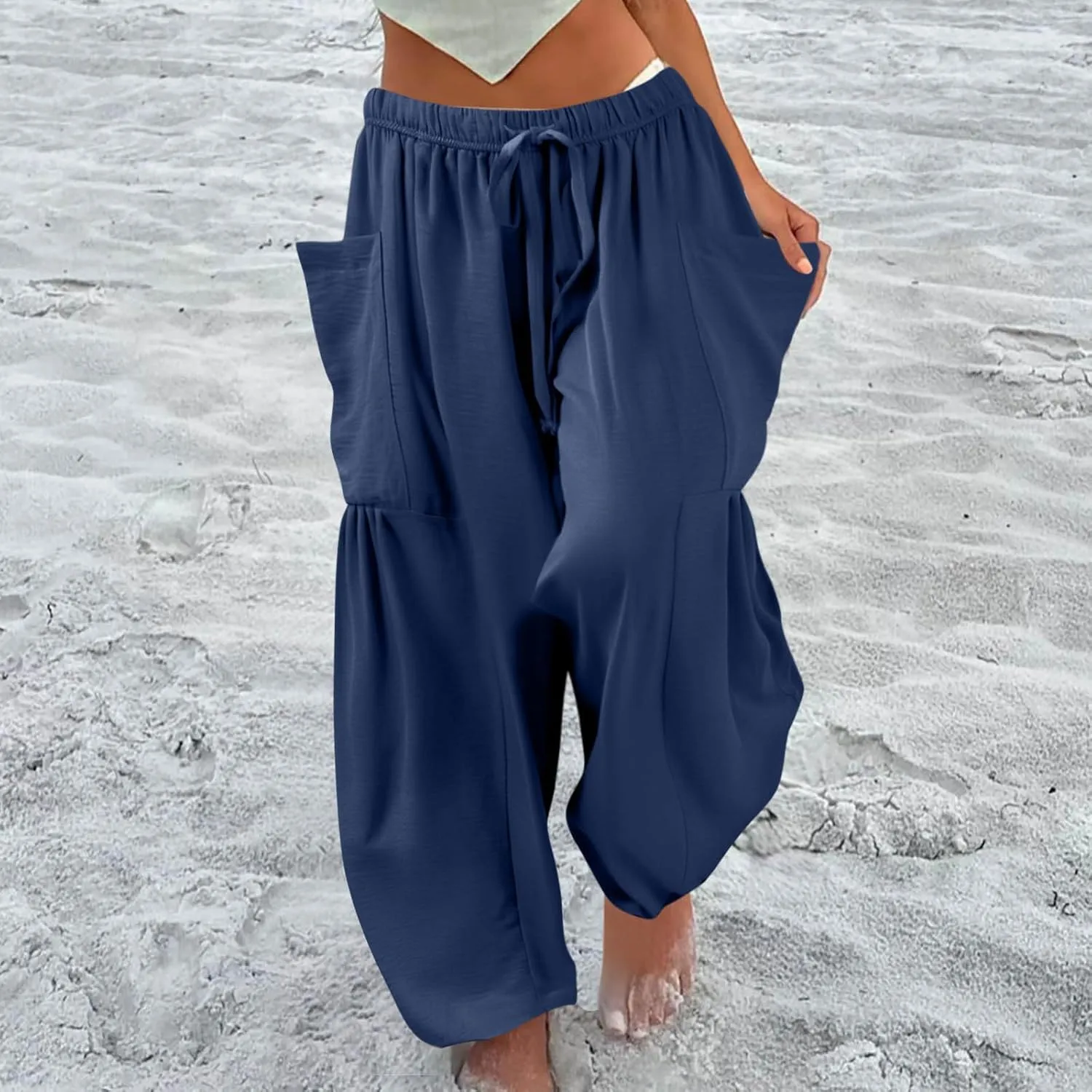 Womens Dress Pants Wide Leg High Waisted Drawstring Beach Pants Long Summer Loose Casual Flowy Palazzo Harem Trousers