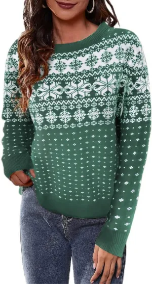 Women's Fall Winter Crew Neck Knitted Sweater Vintage Animal Floral Ethnic Geometry Snowflake Cropped Boho Pullover Tops