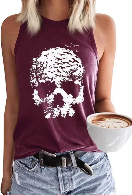 Womens Funny Skull Graphic Tank Tops Skeleton Funny Gothic Graphic Casual Sleeveless Shirts Novelty Horror Tee Tops