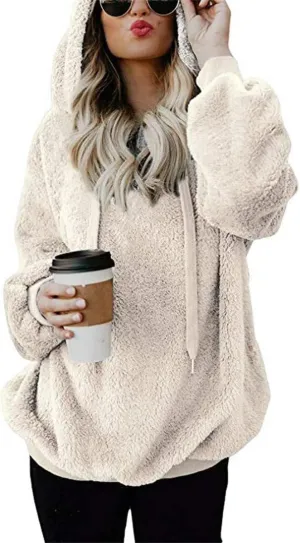 Womens Fuzzy Hoodies Sherpa Fleece Lined Sweatshirts Half Zipper Long Sleeve Pullover Casual Sport Hoodie Tops