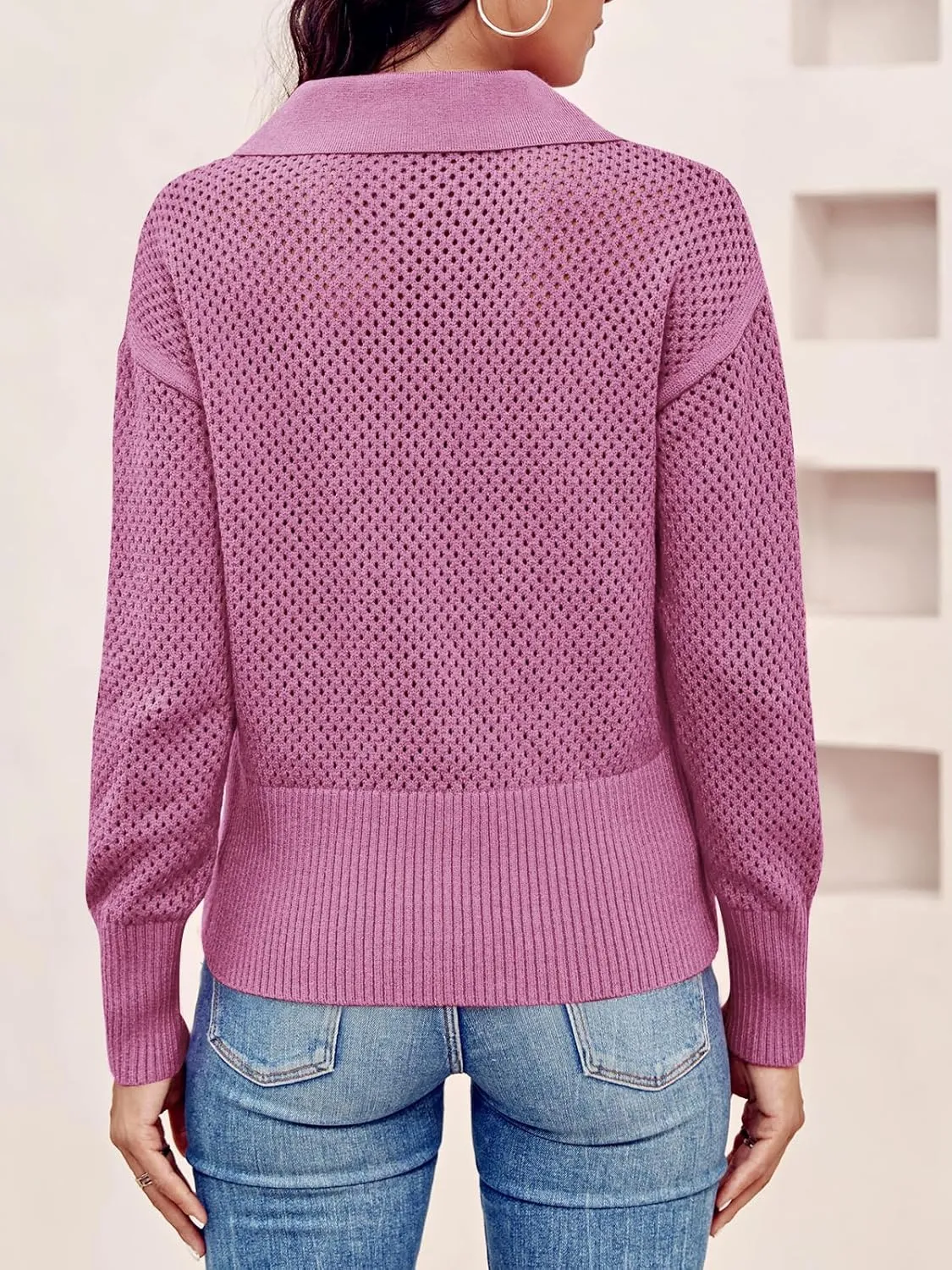 Women's Half Zip Pullover Sweaters Crochet Lapel Collar Long Sleeve Knit Solid Color Jumper Tops