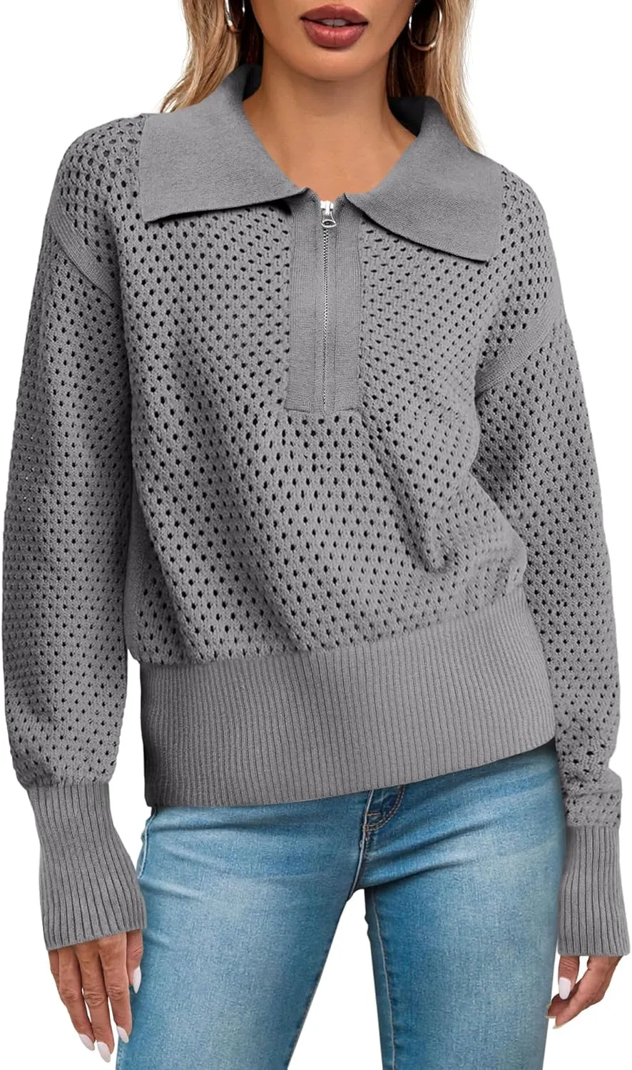 Women's Half Zip Pullover Sweaters Crochet Lapel Collar Long Sleeve Knit Solid Color Jumper Tops