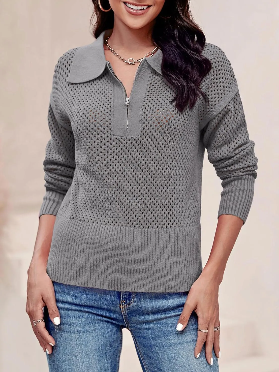 Women's Half Zip Pullover Sweaters Crochet Lapel Collar Long Sleeve Knit Solid Color Jumper Tops