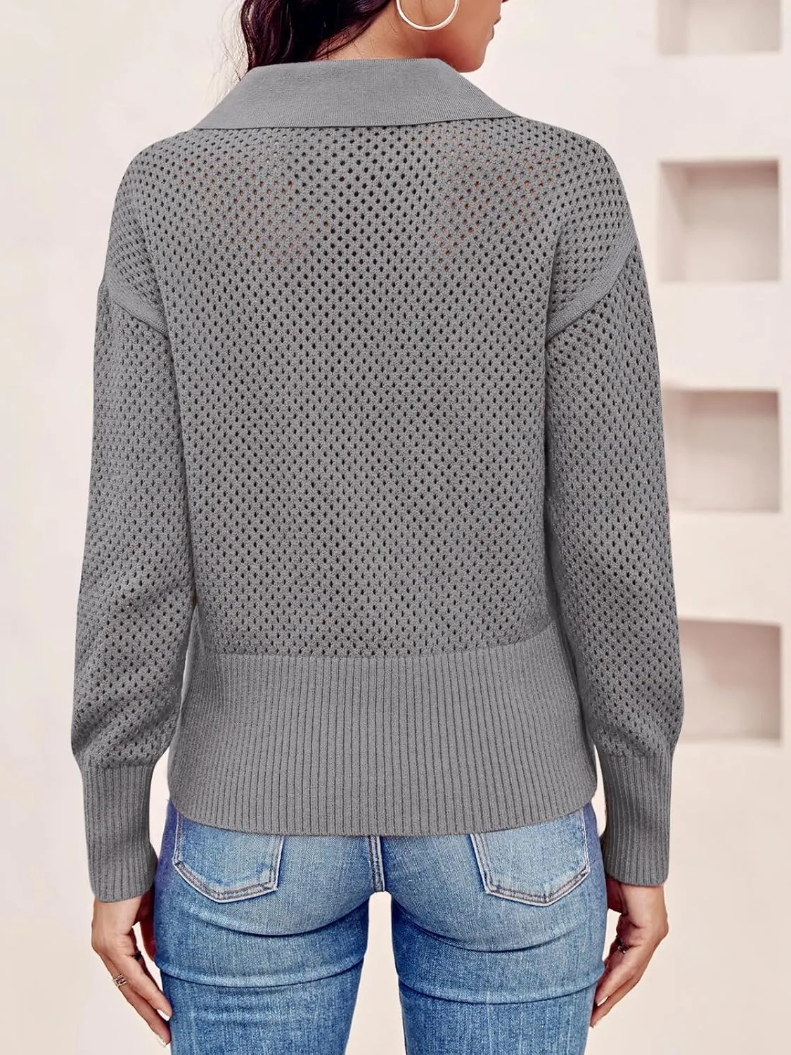 Women's Half Zip Pullover Sweaters Crochet Lapel Collar Long Sleeve Knit Solid Color Jumper Tops