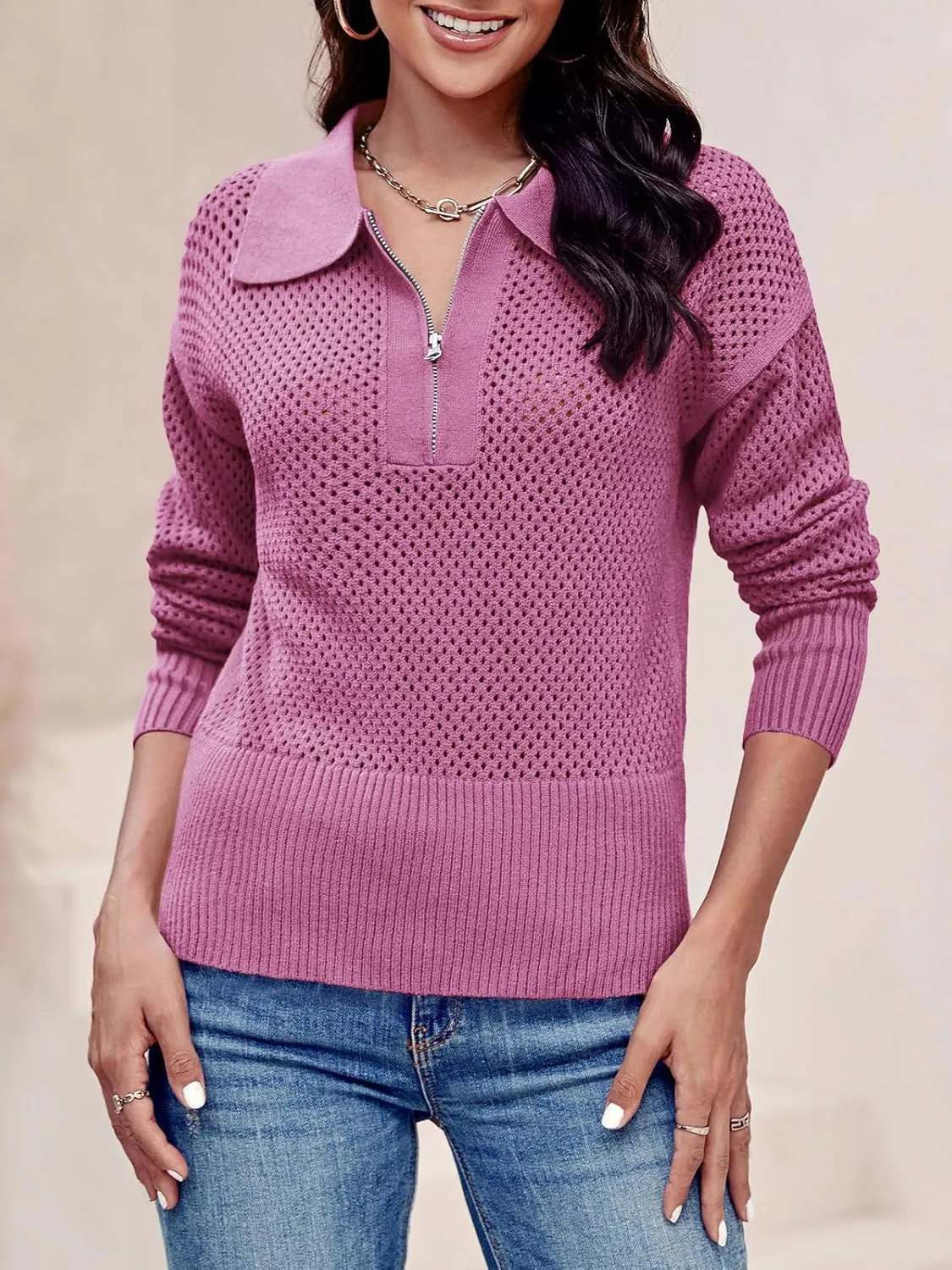 Women's Half Zip Pullover Sweaters Crochet Lapel Collar Long Sleeve Knit Solid Color Jumper Tops