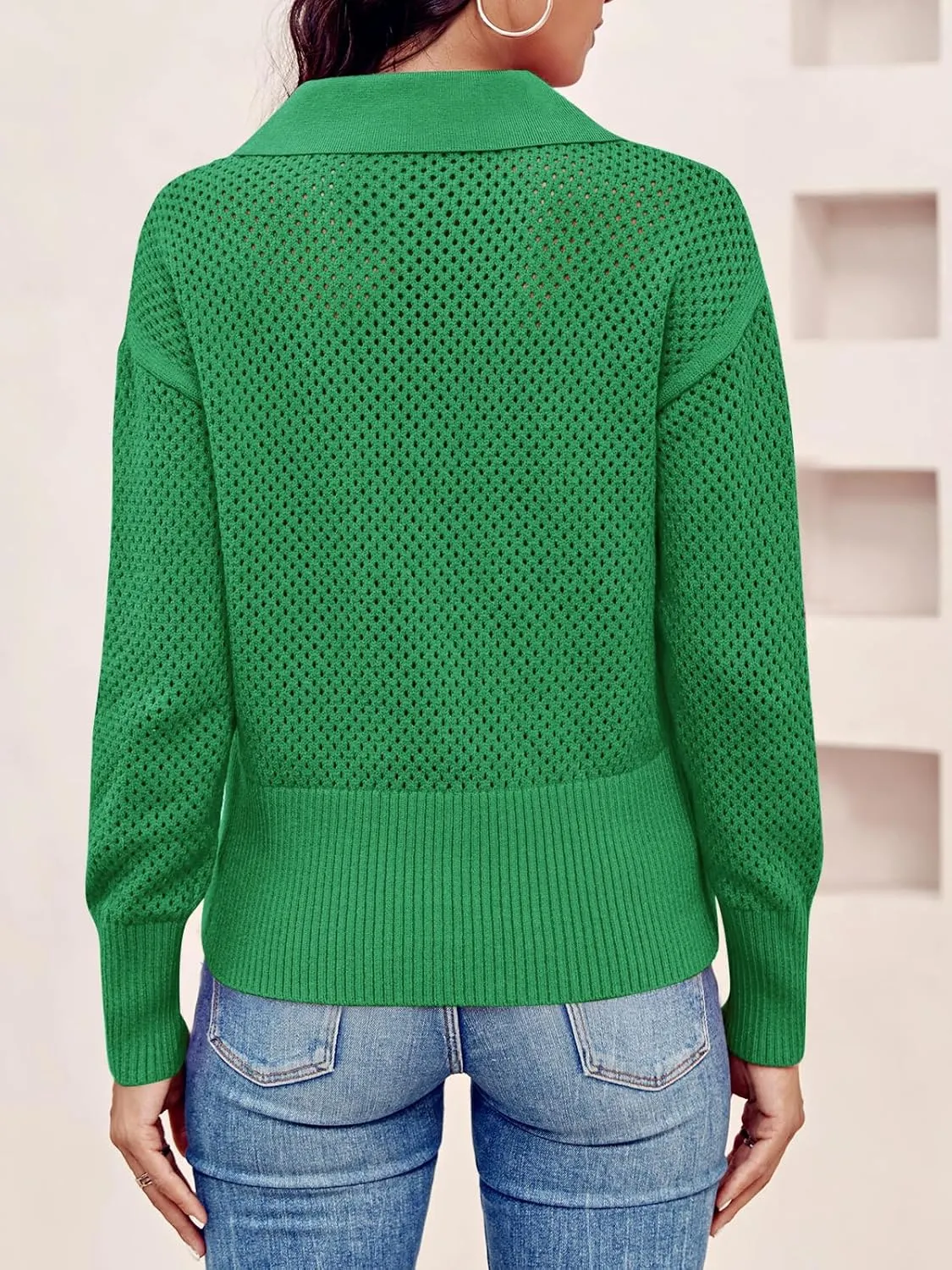 Women's Half Zip Pullover Sweaters Crochet Lapel Collar Long Sleeve Knit Solid Color Jumper Tops