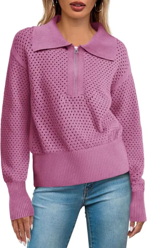 Women's Half Zip Pullover Sweaters Crochet Lapel Collar Long Sleeve Knit Solid Color Jumper Tops