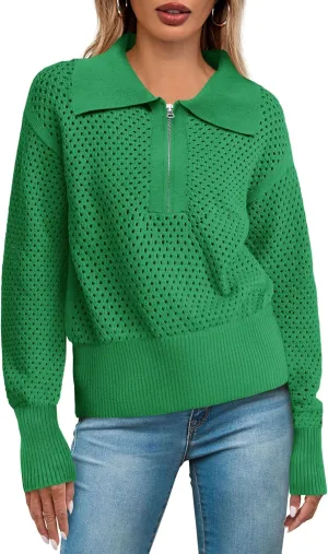Women's Half Zip Pullover Sweaters Crochet Lapel Collar Long Sleeve Knit Solid Color Jumper Tops