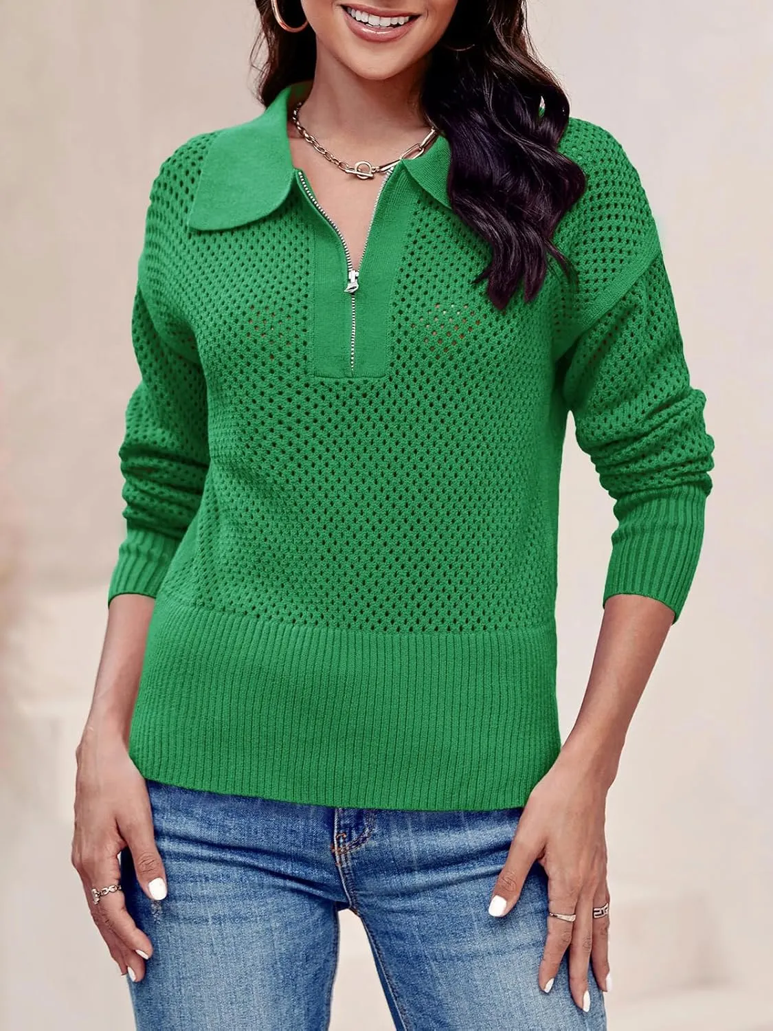 Women's Half Zip Pullover Sweaters Crochet Lapel Collar Long Sleeve Knit Solid Color Jumper Tops
