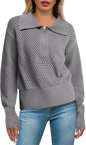 Women's Half Zip Pullover Sweaters Crochet Lapel Collar Long Sleeve Knit Solid Color Jumper Tops