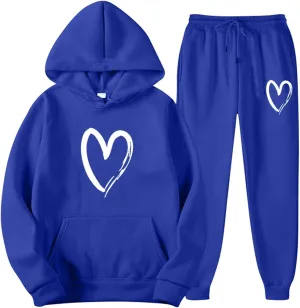 Women's Heart Print Fleece 2 Piece Outfits Sweatsuits Pullover Hoodie Sweatshirt and Jogger Pants Tracksuits Set