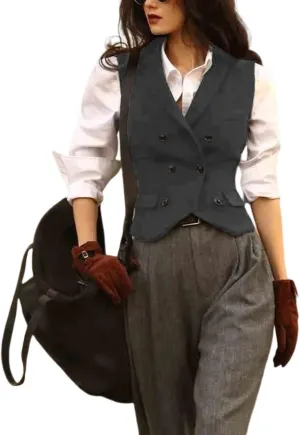 Womens Herringbone Tweed Single Breasted Waistcoat Casual Office Wear Vest Sleeveless Jacket