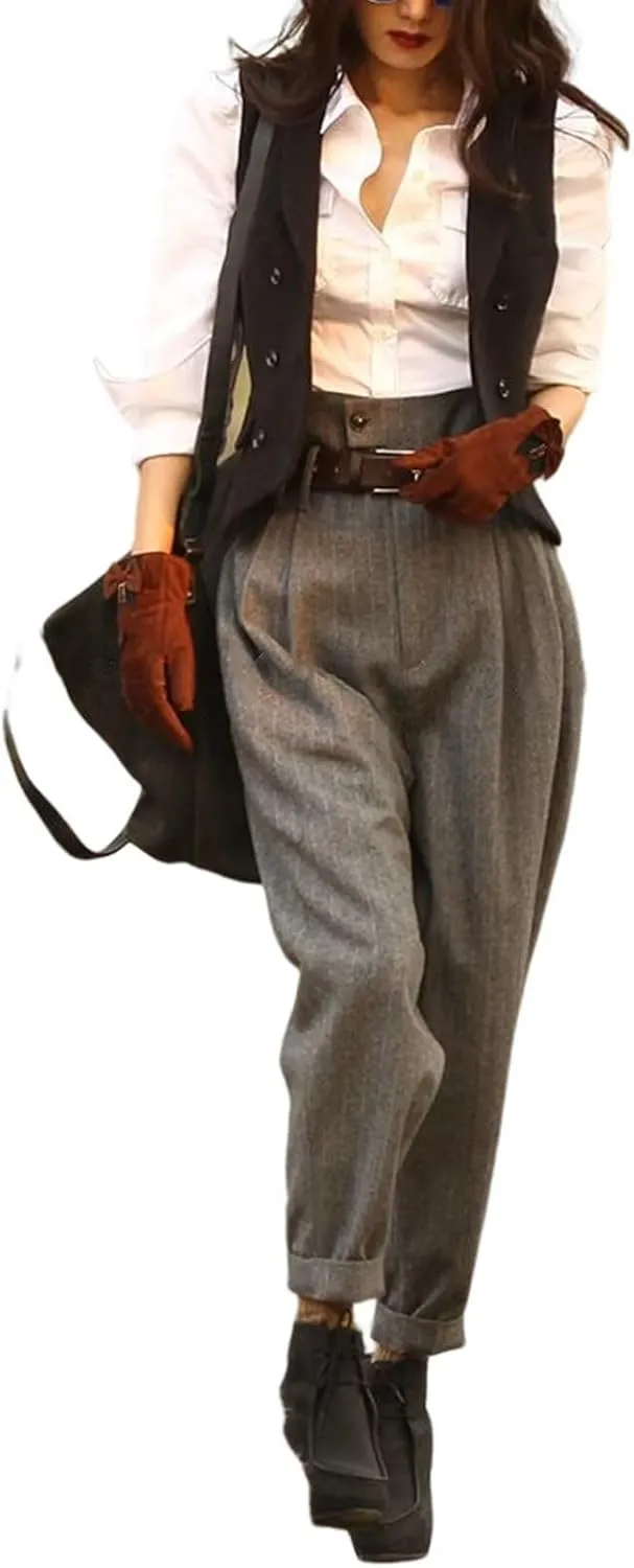 Womens Herringbone Tweed Single Breasted Waistcoat Casual Office Wear Vest Sleeveless Jacket
