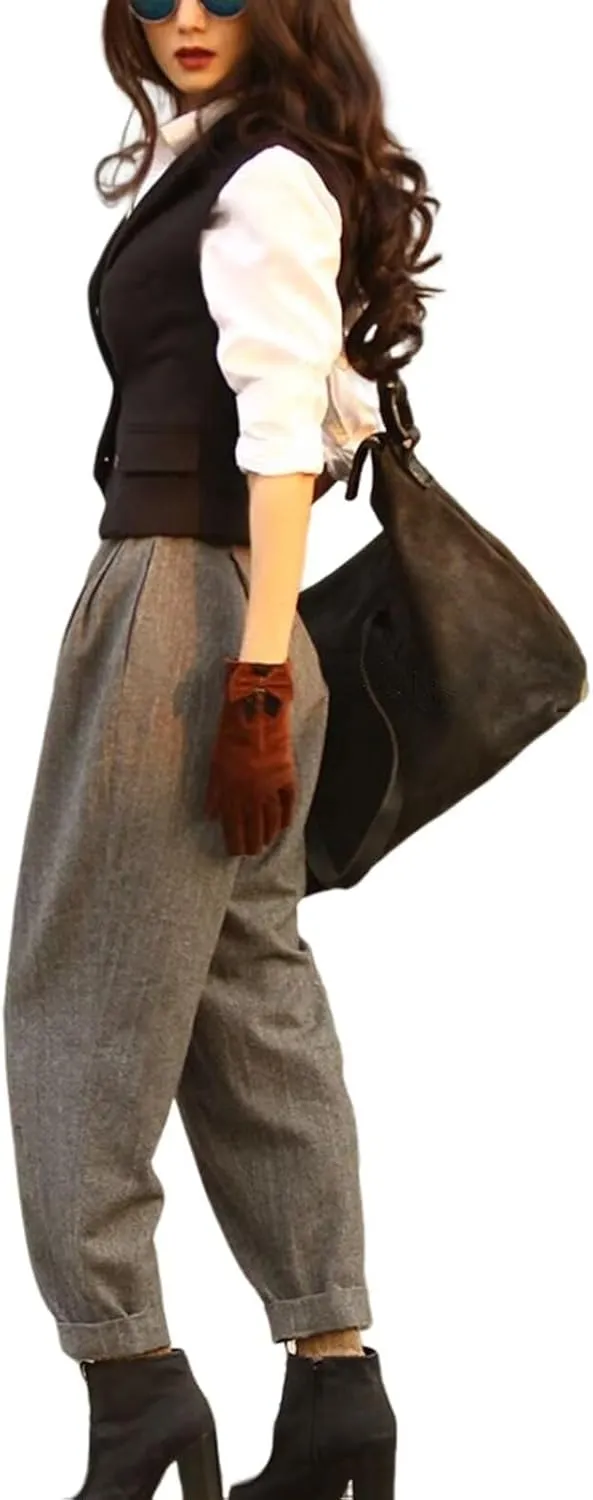 Womens Herringbone Tweed Single Breasted Waistcoat Casual Office Wear Vest Sleeveless Jacket