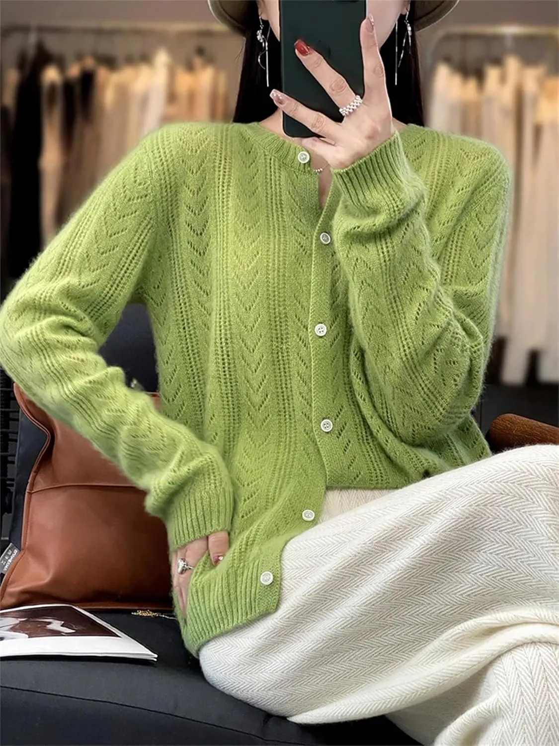 Womens Lightweight Wool Sweater Long Sleeve Button Down Crew Neck Casual Loose Knit Cardigan Coat