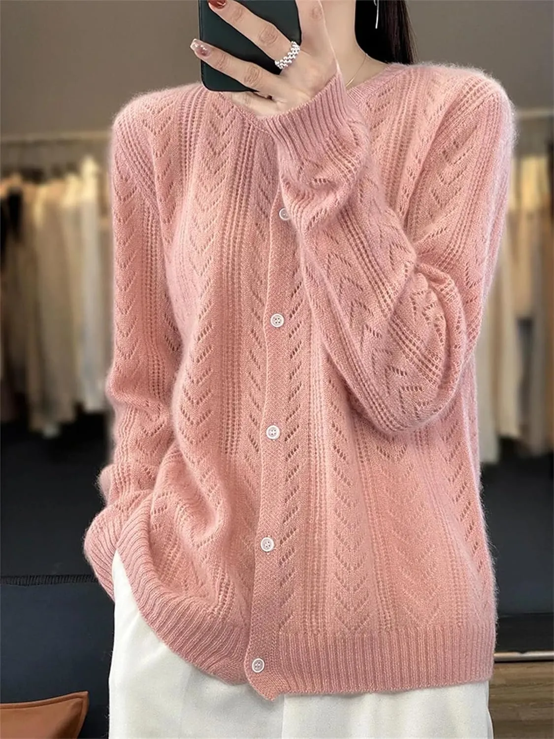 Womens Lightweight Wool Sweater Long Sleeve Button Down Crew Neck Casual Loose Knit Cardigan Coat