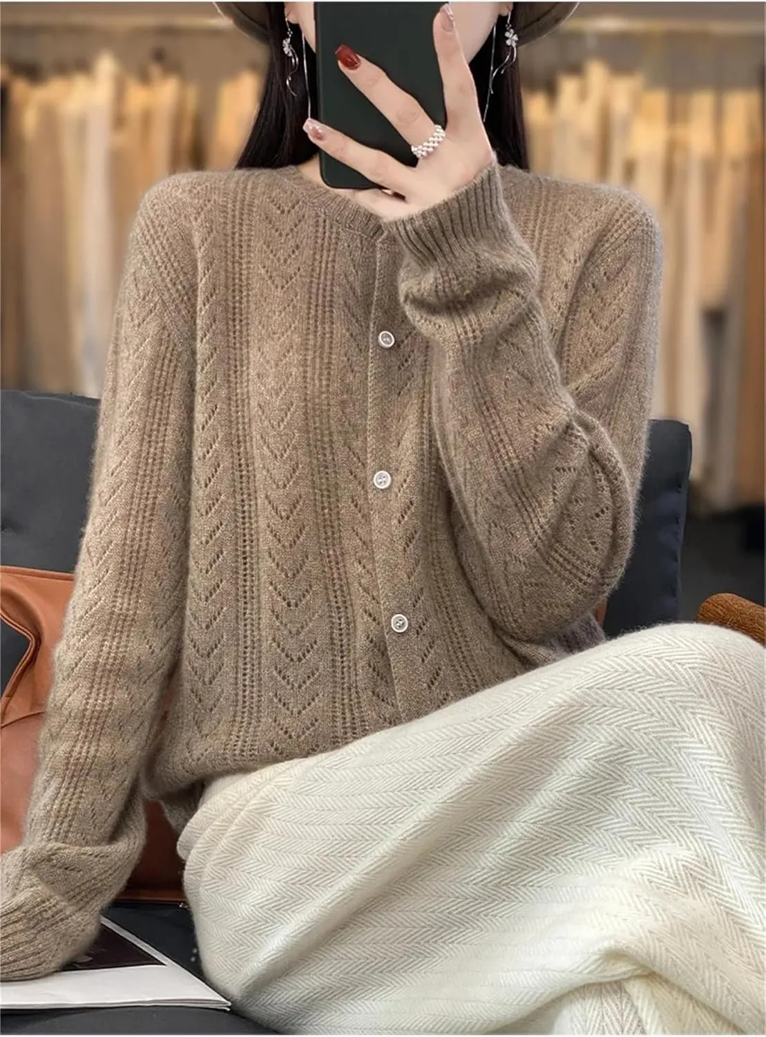 Womens Lightweight Wool Sweater Long Sleeve Button Down Crew Neck Casual Loose Knit Cardigan Coat