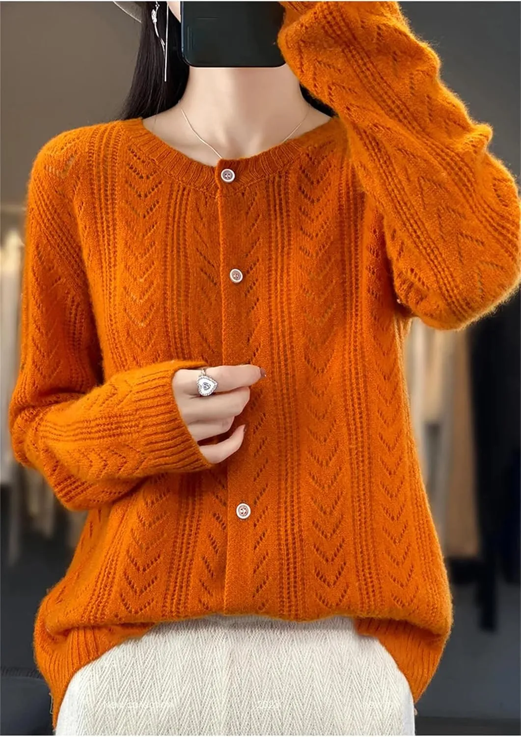 Womens Lightweight Wool Sweater Long Sleeve Button Down Crew Neck Casual Loose Knit Cardigan Coat