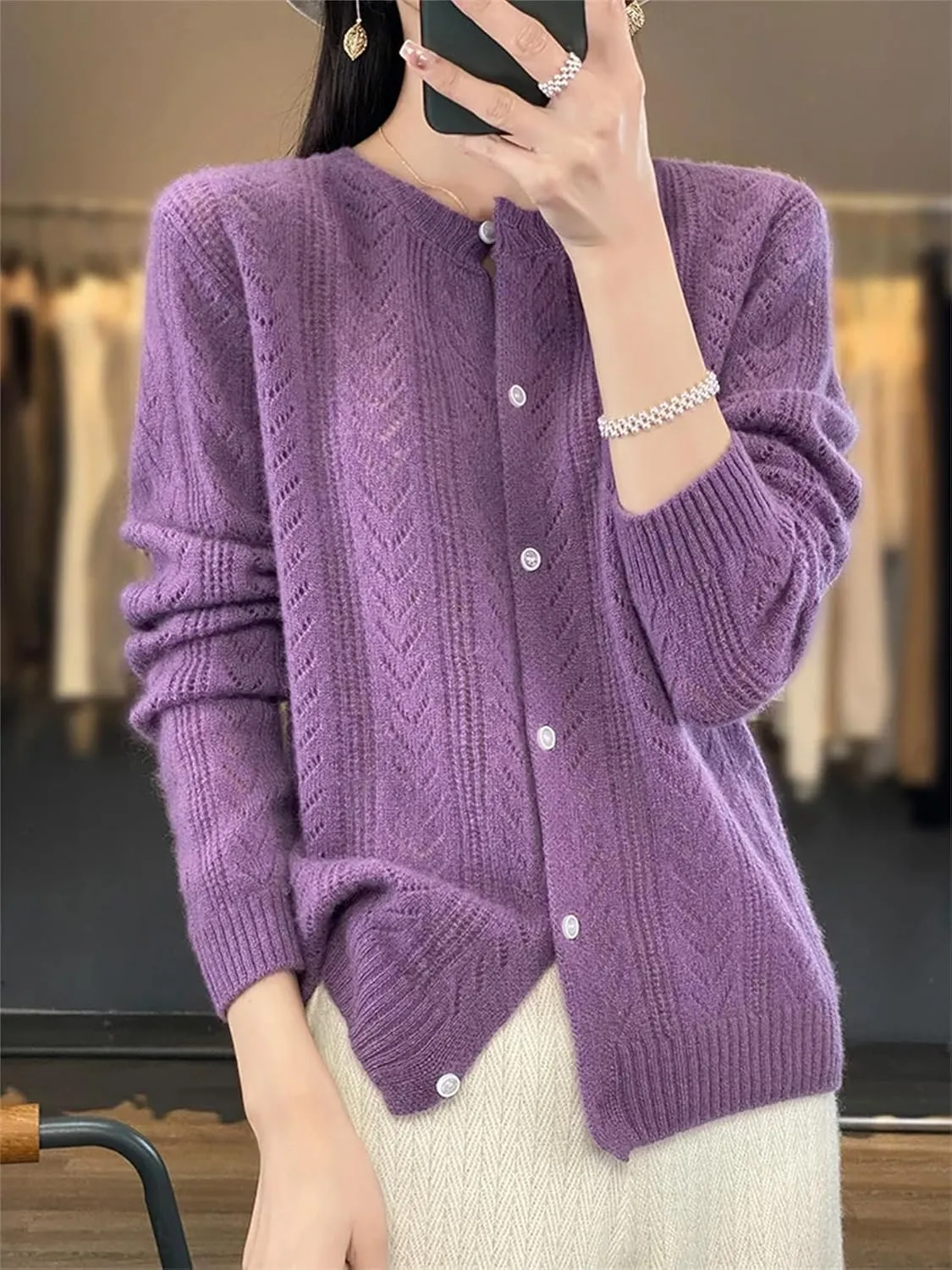 Womens Lightweight Wool Sweater Long Sleeve Button Down Crew Neck Casual Loose Knit Cardigan Coat