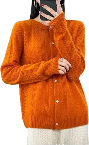 Womens Lightweight Wool Sweater Long Sleeve Button Down Crew Neck Casual Loose Knit Cardigan Coat
