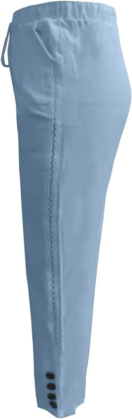 Women's Linen Capri Pants Elastic High Waisted Wide Leg Drawstring Pant Summer Casual Loose Solid Trouser with Pocket