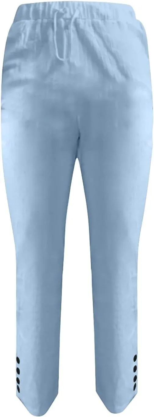 Women's Linen Capri Pants Elastic High Waisted Wide Leg Drawstring Pant Summer Casual Loose Solid Trouser with Pocket