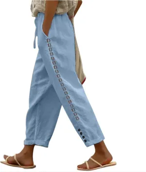 Women's Linen Capri Pants Elastic High Waisted Wide Leg Drawstring Pant Summer Casual Loose Solid Trouser with Pocket