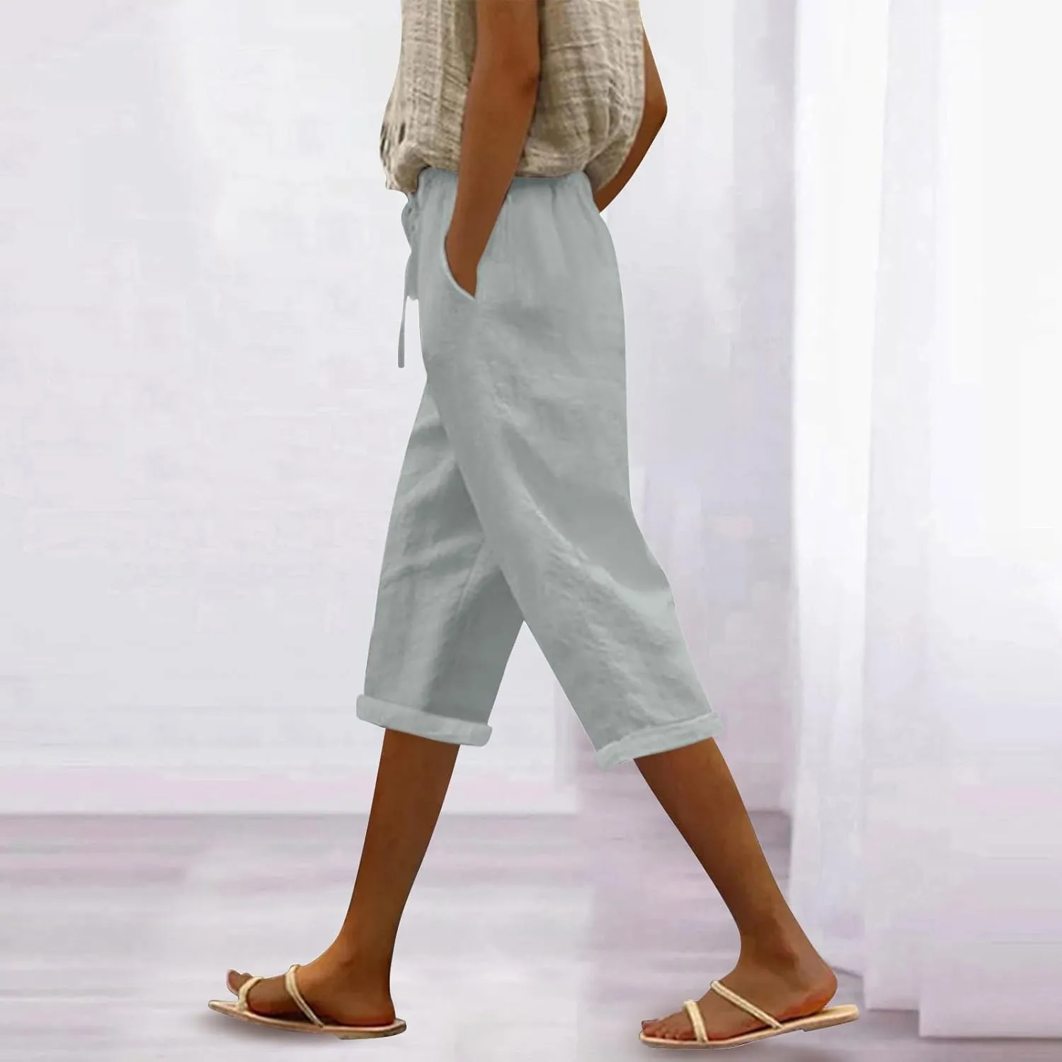Women's Linen Capri Summer Solid Color Causal Bermuda Elastic Waist Petite Pants Workout Lounge Beach Leisure Shorts