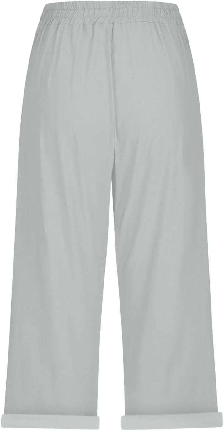 Women's Linen Capri Summer Solid Color Causal Bermuda Elastic Waist Petite Pants Workout Lounge Beach Leisure Shorts