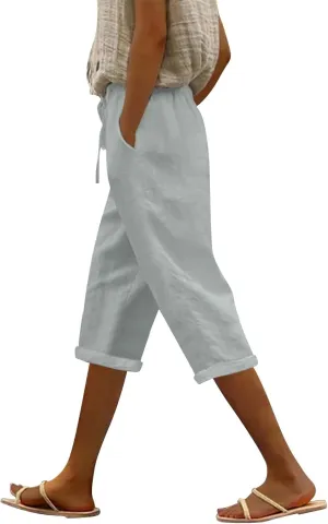 Women's Linen Capri Summer Solid Color Causal Bermuda Elastic Waist Petite Pants Workout Lounge Beach Leisure Shorts