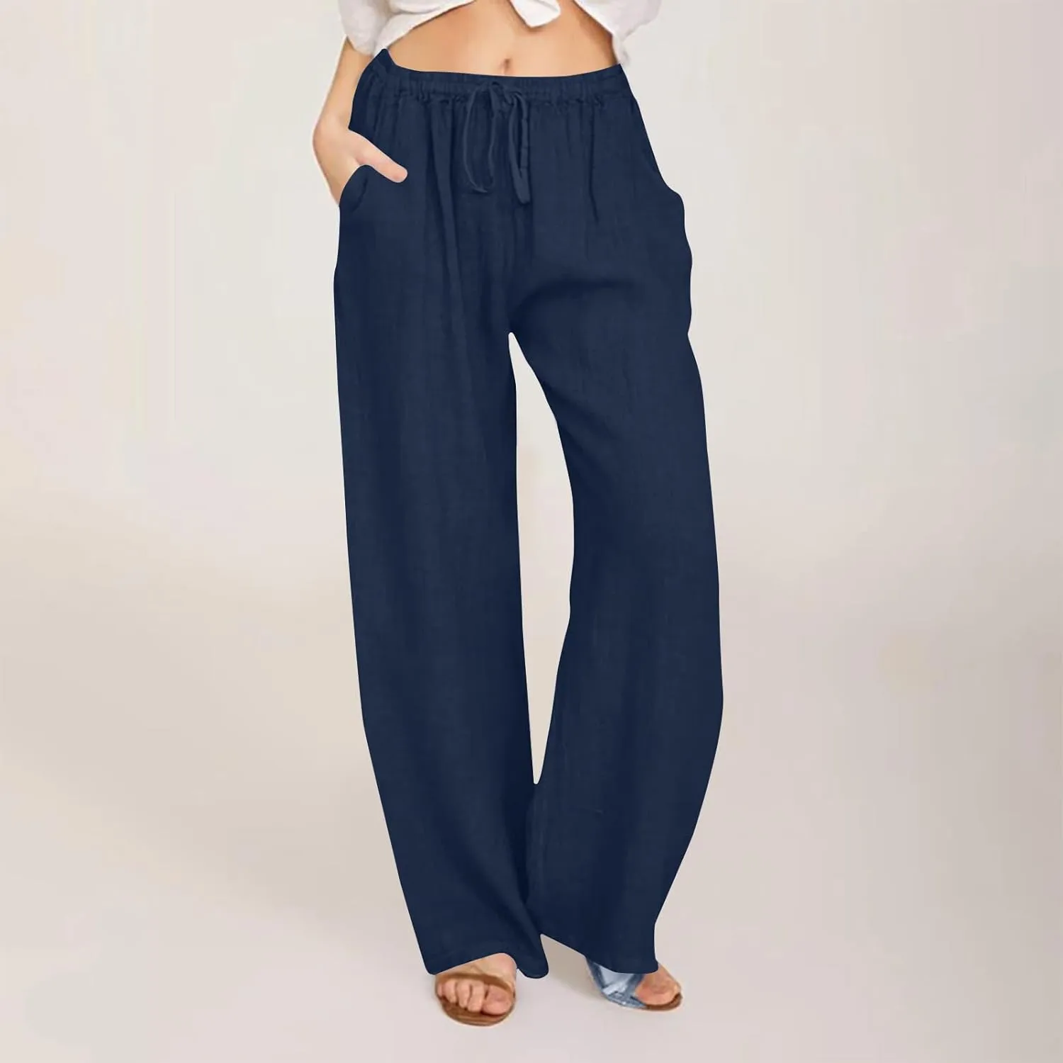 Women's Linen Palazzo Pants with Pockets, Summer Boho Wide Leg High Waist Pant 2025 Travel Baggy Pants