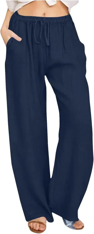 Women's Linen Palazzo Pants with Pockets, Summer Boho Wide Leg High Waist Pant 2025 Travel Baggy Pants