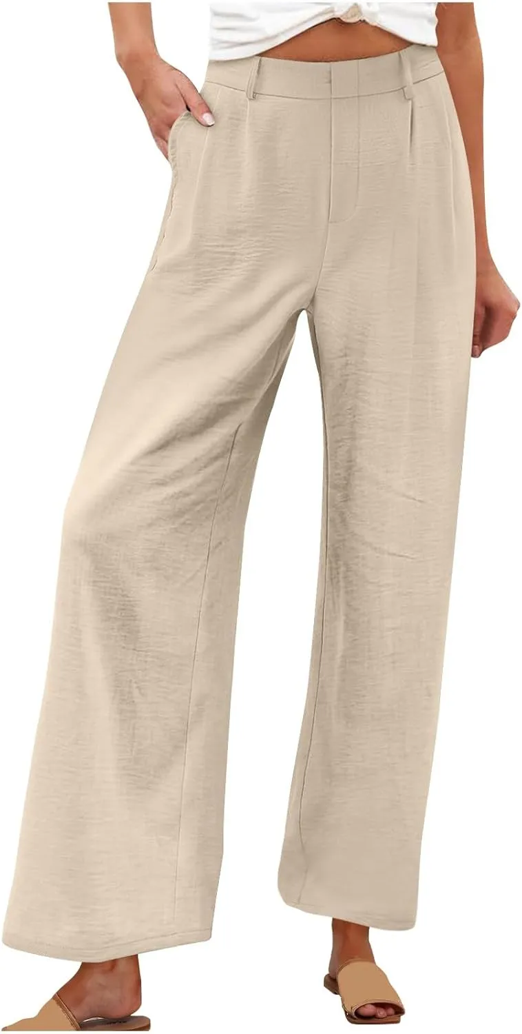 Womens Linen Palazzo Trousers Summer Boho Wide Leg High Waist Casual Lounge Pant Slacks Beach Travel Vacation Pants