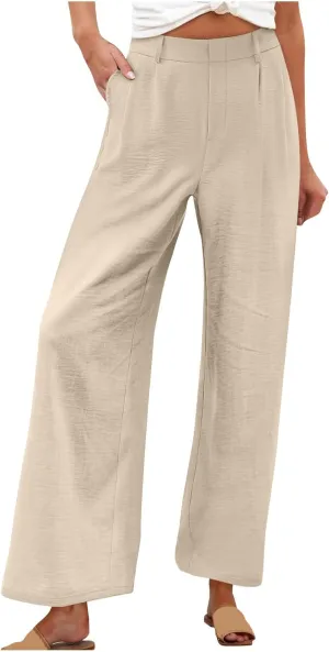 Womens Linen Palazzo Trousers Summer Boho Wide Leg High Waist Casual Lounge Pant Slacks Beach Travel Vacation Pants