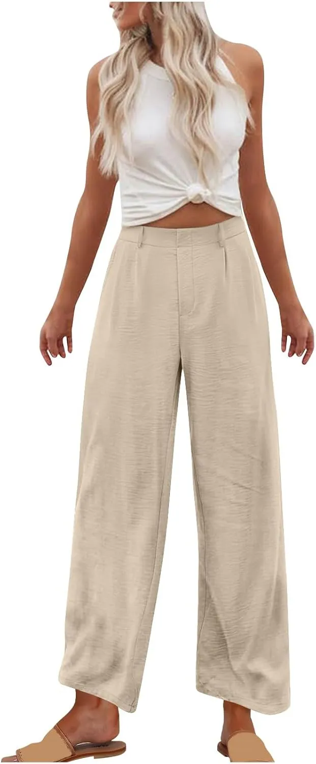 Womens Linen Palazzo Trousers Summer Boho Wide Leg High Waist Casual Lounge Pant Slacks Beach Travel Vacation Pants